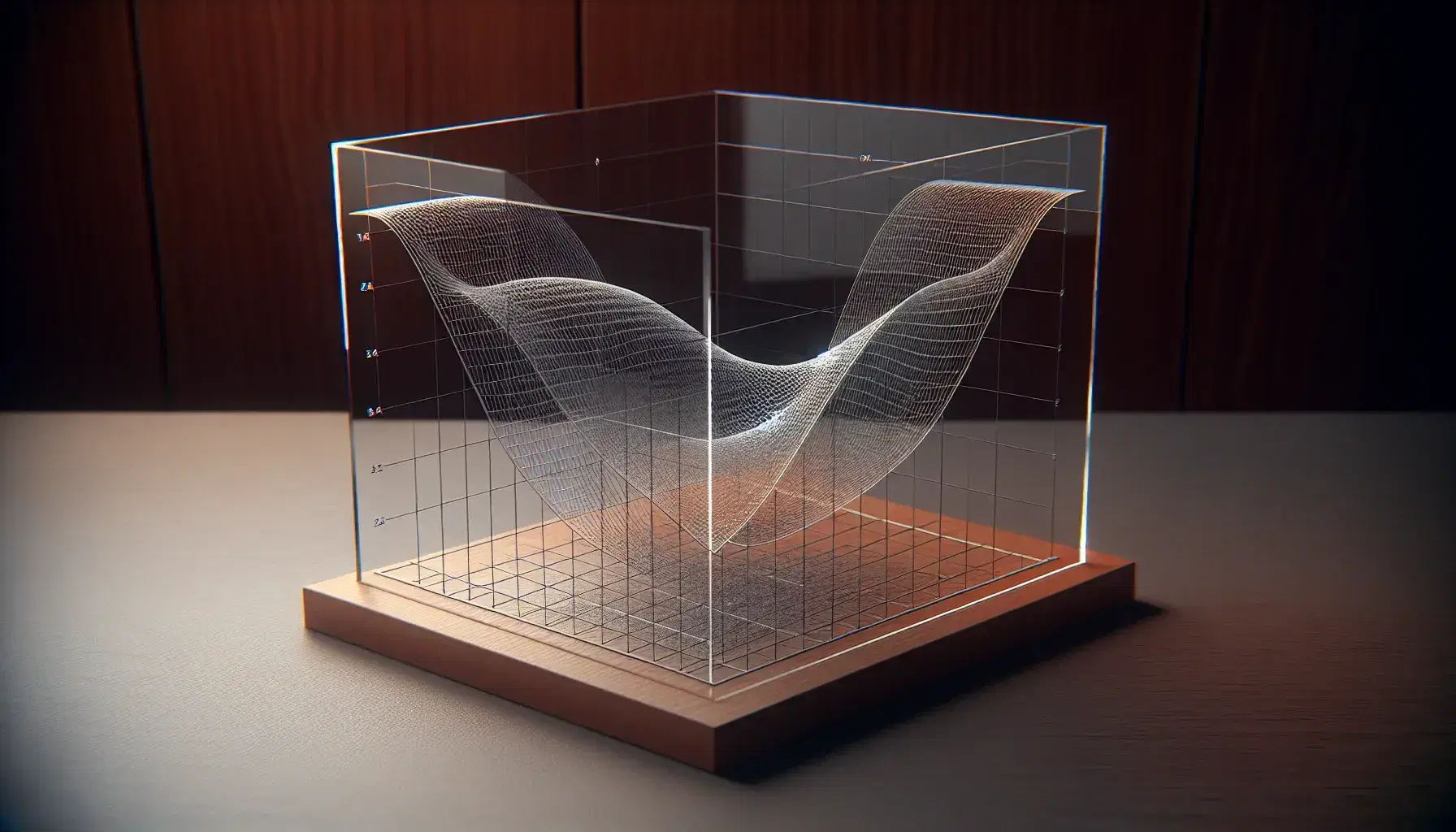 Three-dimensional wireframe model of a cubic function curve on an acrylic graphing surface, set against a mahogany desk in a softly lit environment.