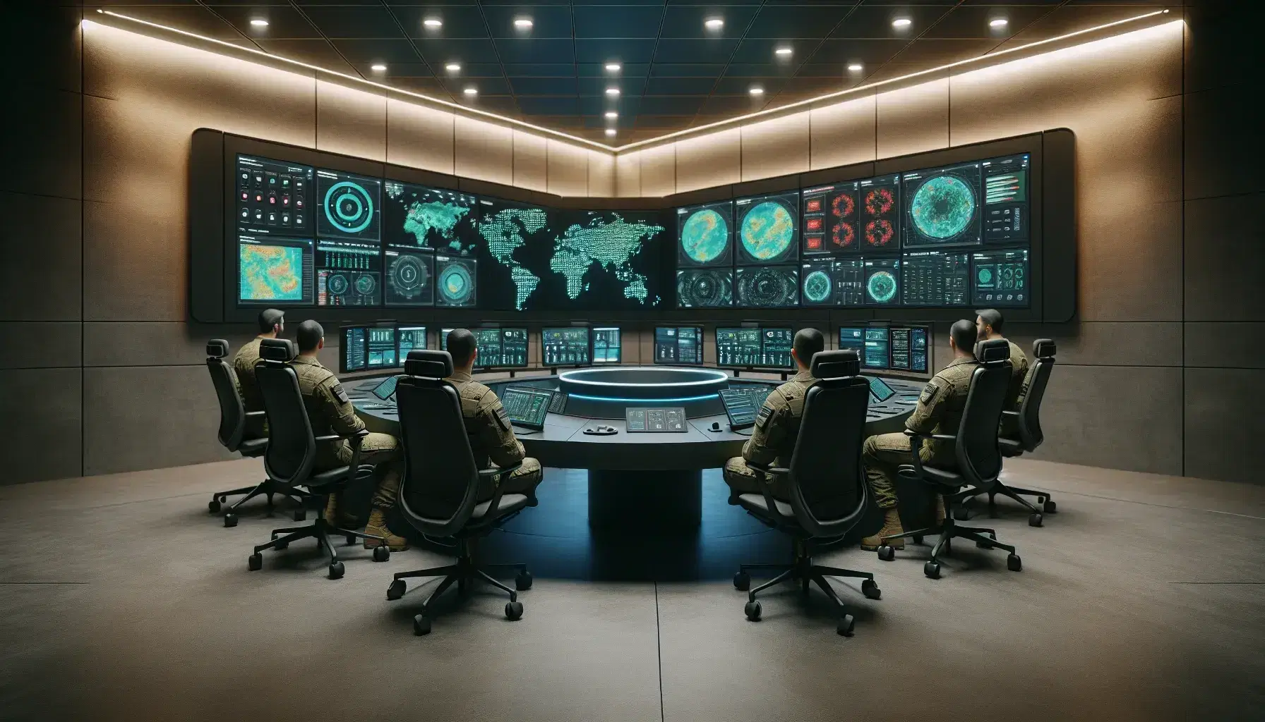 Sala de operaciones de inteligencia militar con mesa redonda, monitores con gráficos, pantallas con mapas térmicos y mapa mundial en la pared, y un militar observando.