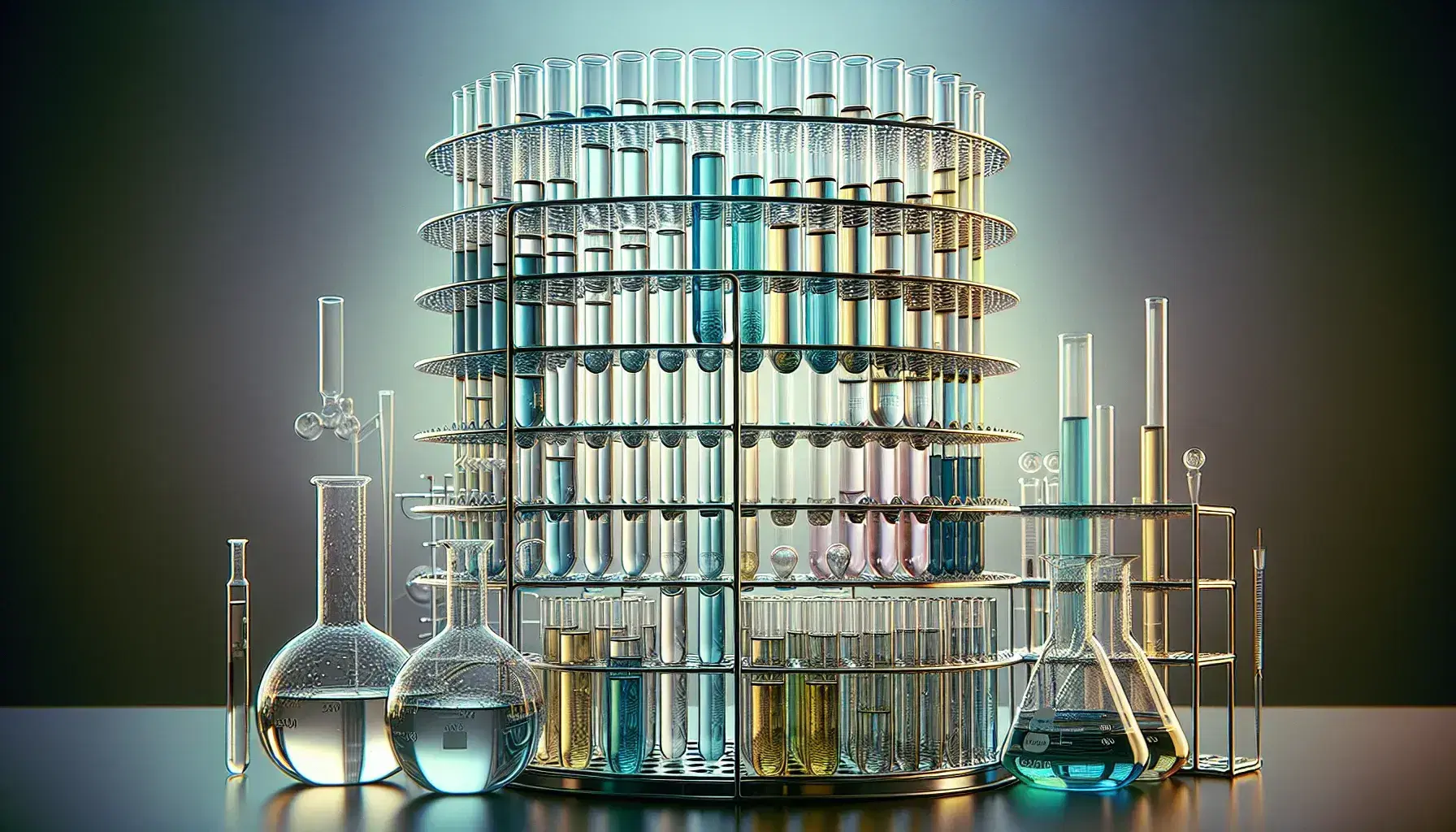 Tubos de ensayo de vidrio con líquidos de colores en gradilla metálica y material de laboratorio como matraz y vaso de precipitados en fondo desenfocado.