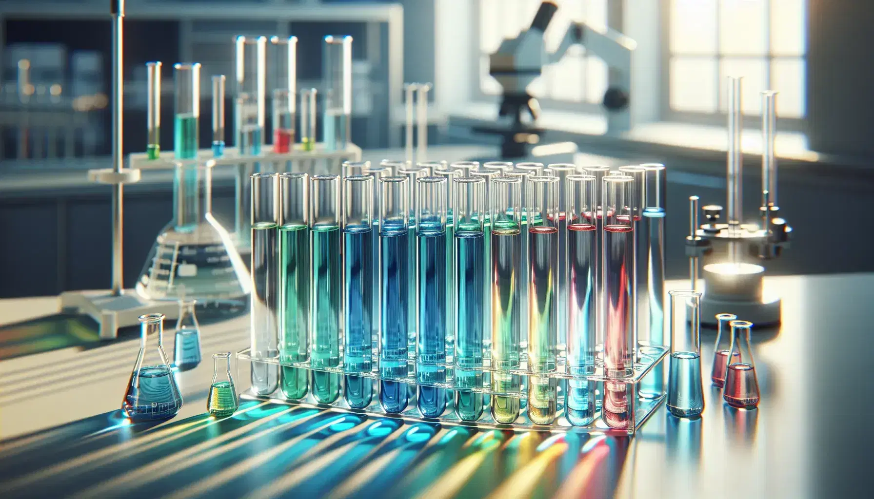 Provette in vetro trasparente con tappi bianchi e liquidi colorati su banco di laboratorio, sfondo sfocato con strumenti scientifici e microscopio.