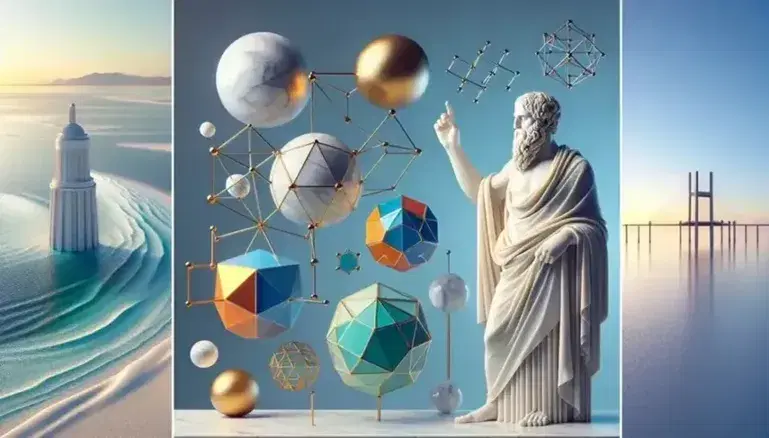 Statua marmorea di filosofo presocratico con mano alzata, modello geometrico 3D con sfere e poliedri colorati, paesaggio marino tranquillo.