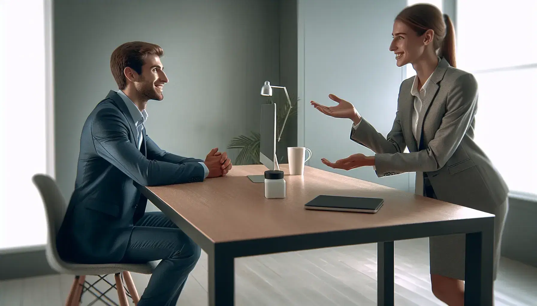 Two professionals engaging in a discussion, one seated in a blue suit at a desk with a laptop and plant, the other standing in a gray blazer gesturing with a tablet.