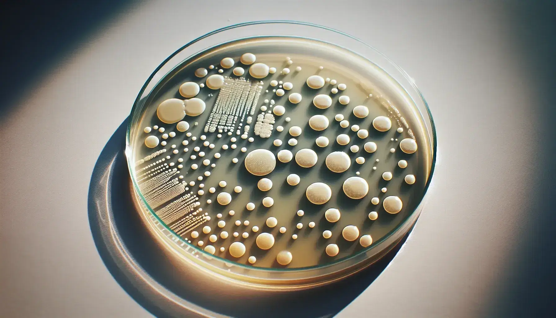 Colonias bacterianas de diversos colores en medio de agar en placa de Petri, con tonos blancos, amarillentos y rosados, sin reflejos ni distracciones.