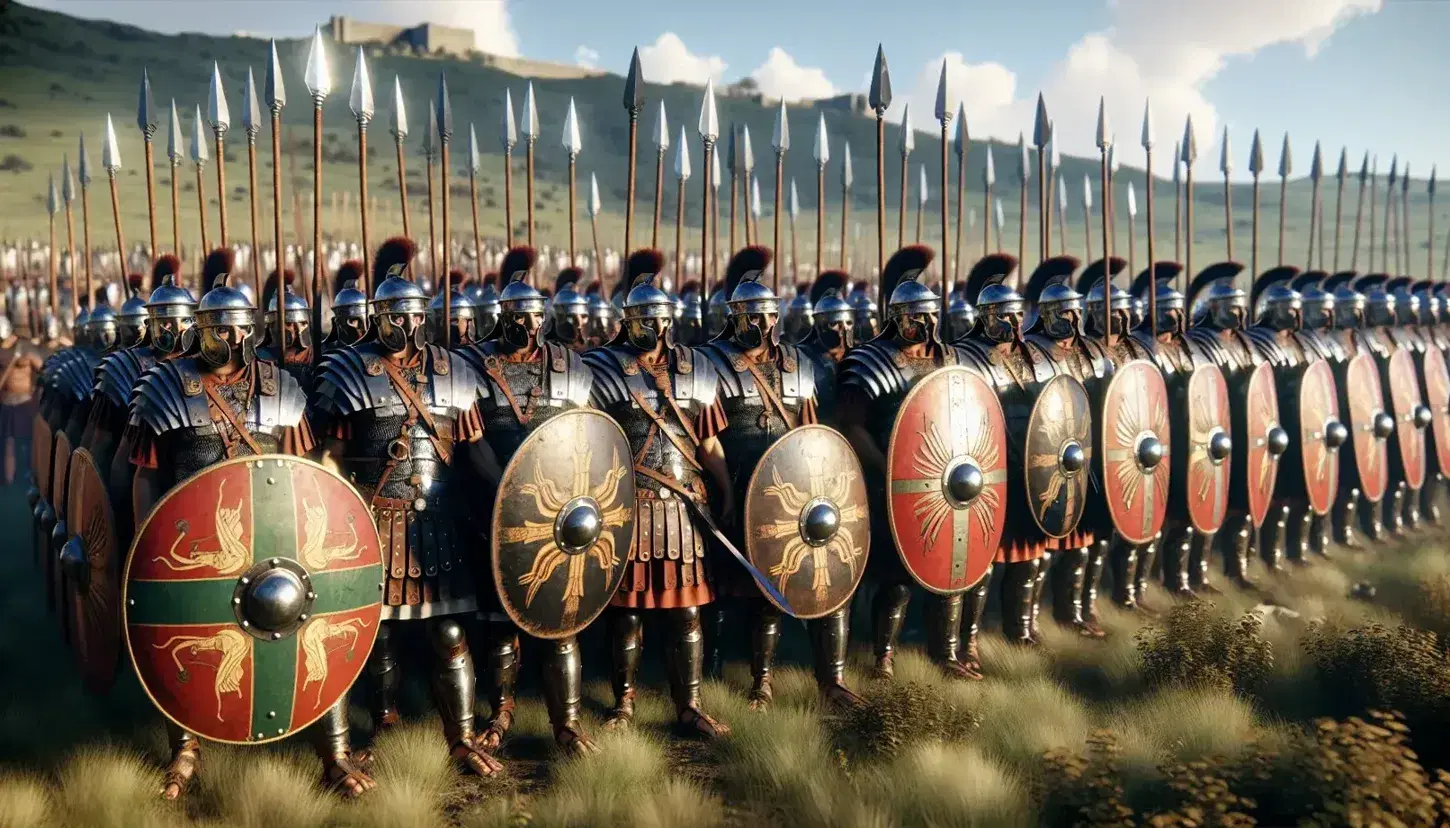 Soldati romani in formazione militare con armature, scudi rossi e lance, davanti a mura di pietra su sfondo di cielo azzurro.