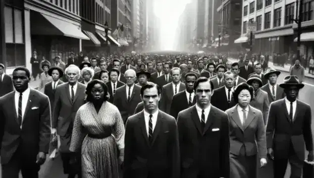 Civil rights march with man in the foreground and Asian woman, followed by multi-ethnic crowd in sober clothing on urban street.