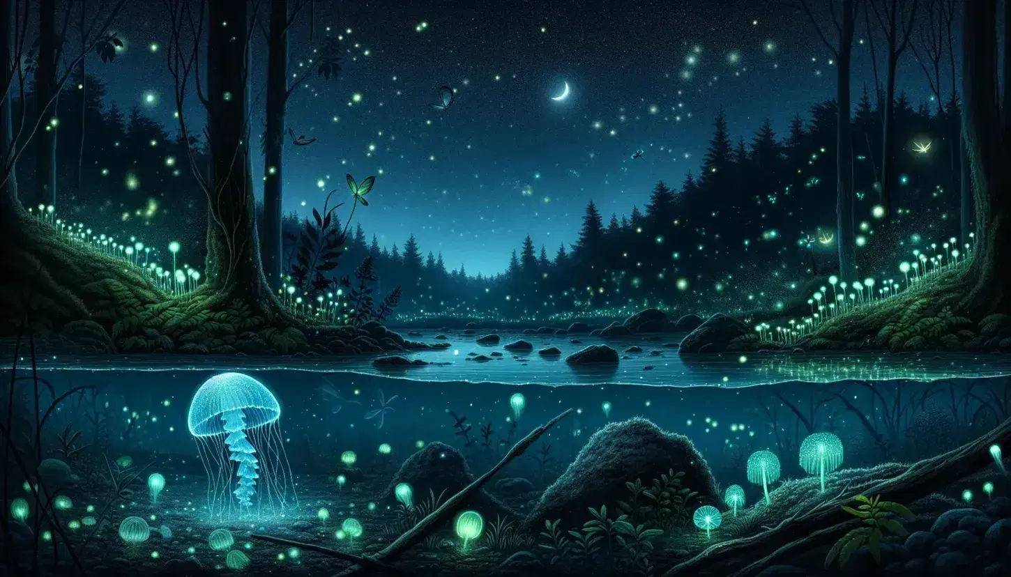 Scena notturna di bioluminescenza con medusa traslucida, plancton luminoso, lucciole tra le piante e funghi fosforescenti su suolo forestale.