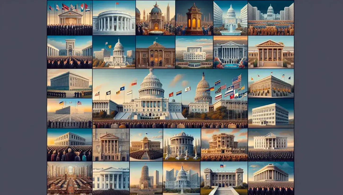Collage de ocho fotos representando tipos de gobierno: edificio unitario, federal con banderas, palacio monárquico, palacio republicano, república parlamentaria, dictadura, templo teocrático y mesa redonda de estado no partidista.