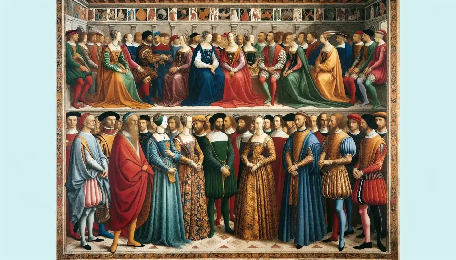 Affresco di Andrea Mantegna nella Camera degli Sposi, con nobili rinascimentali in abiti storici tra colonne marmoree e mosaici.