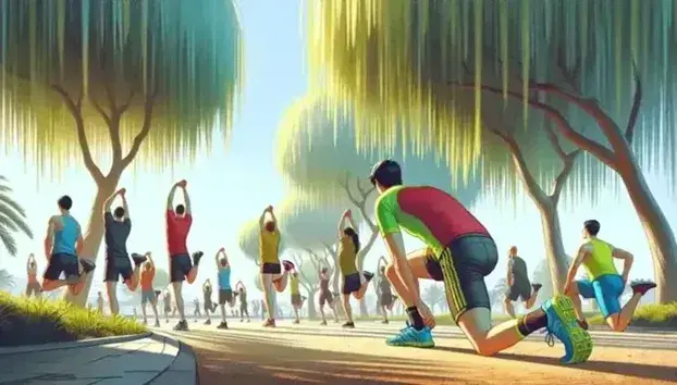 Grupo de personas ejercitándose al aire libre en un parque, con ejercicios de estiramiento y calentamiento en un día soleado.