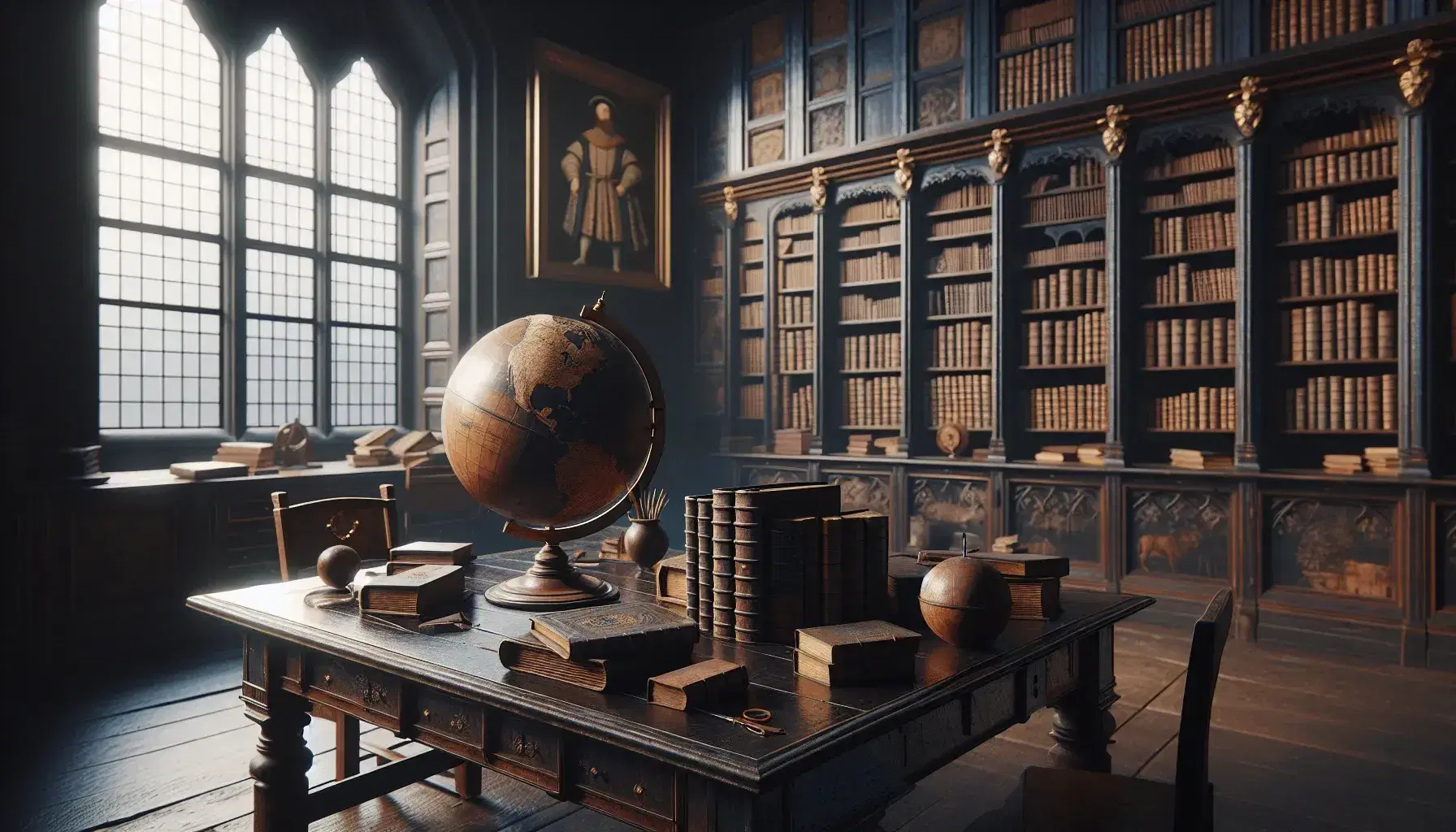 Studio rinascimentale con tavolo in legno, libri antichi, mappamondo e quadro di sovrano Tudor, illuminato da luce naturale.