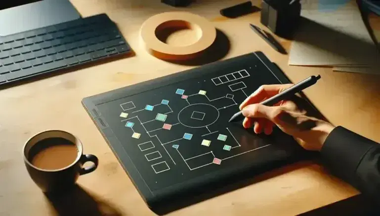Mano sosteniendo lápiz óptico sobre tableta gráfica con diagrama de flujo colorido, junto a taza de café en escritorio de madera.