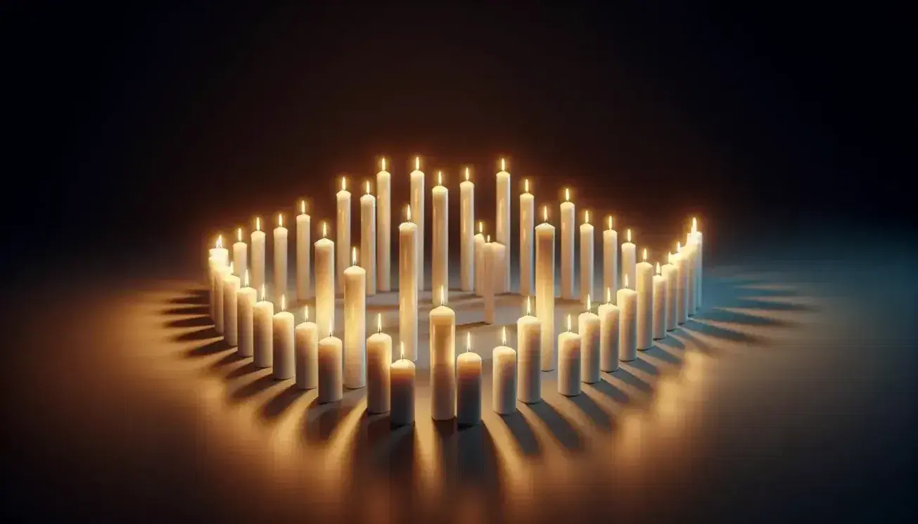 Velas blancas encendidas en línea curva sobre superficie lisa con suave resplandor y sombras difusas en fondo oscuro.