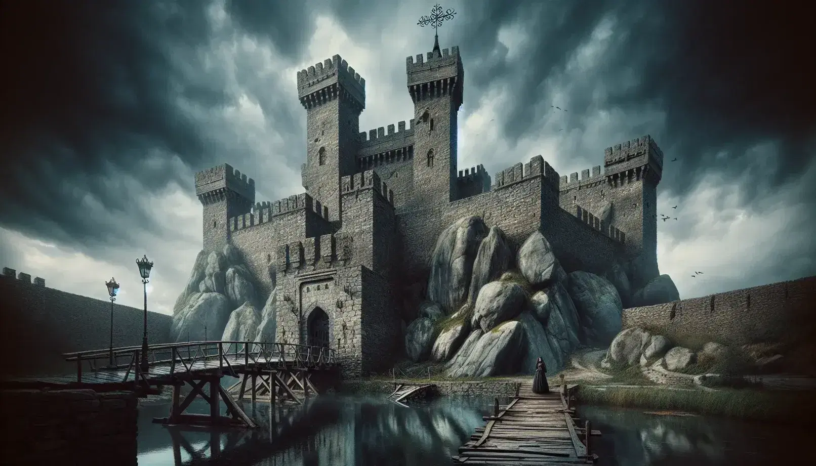 Fortezza medievale su collina rocciosa con torri, ponte levatoio su fossato, persone in abiti d'epoca nel cortile, cielo nuvoloso e sentiero sterrato.