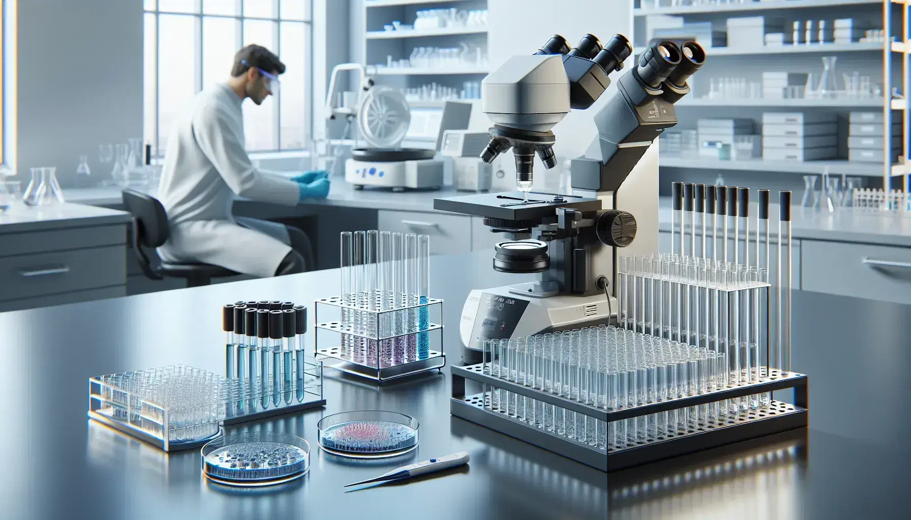 Modern laboratory with a microscope, centrifuge, test tubes in a rack, pipettor with tips, and a scientist handling a petri dish, all on a beige countertop.