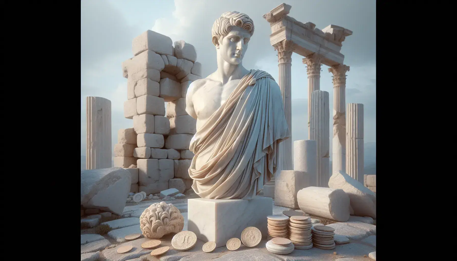 Statua in marmo bianco di figura storica in toga con sfondo di colonne antiche, cielo azzurro e monete romane sul primo piano.