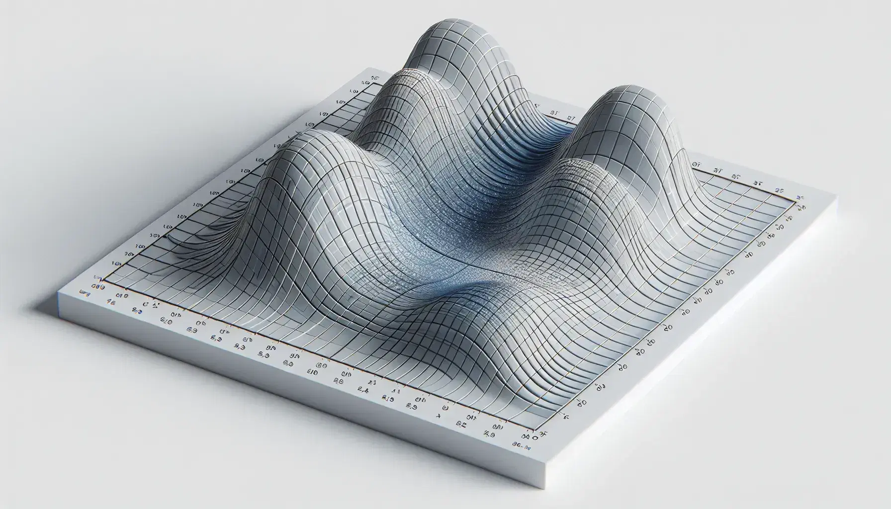 Three-dimensional graph with descending isoquant curves in shades of blue, alongside a neutral gray factory model, on a white background.