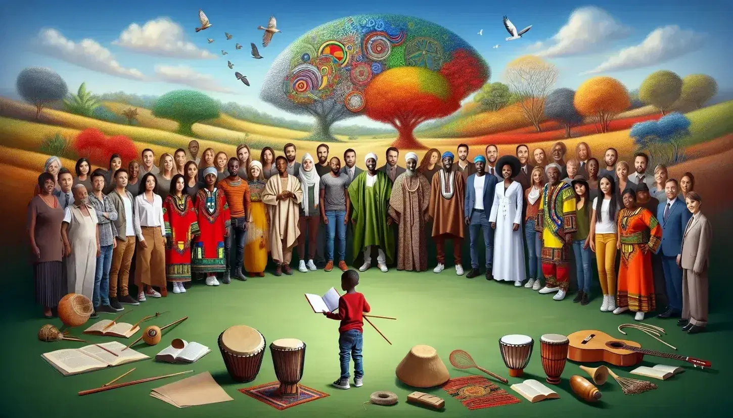 Diverse group of people in traditional African and modern attire standing in a semi-circle with a child holding a blank book, against a backdrop of lush trees and blue sky, with musical instruments to the side.