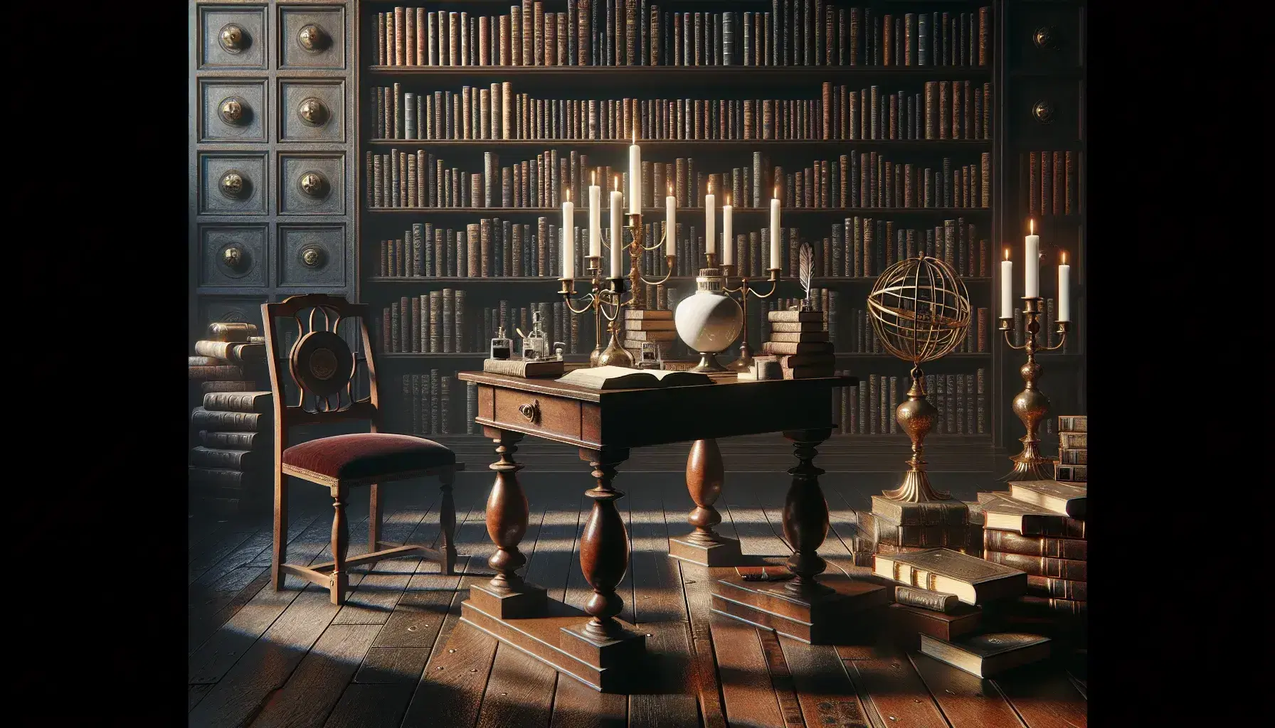 Biblioteca antigua con estantes de madera oscura llenos de libros, mesa con candelabro y tintero, silla de terciopelo rojo y esfera armilar dorada.