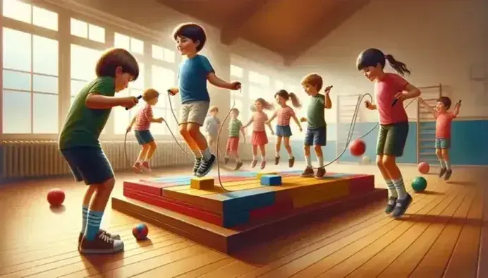 Bambini in palestra scolastica praticano attività motorie: salto ostacolo, gioco con palla, esercizio di equilibrio e salto alla corda.