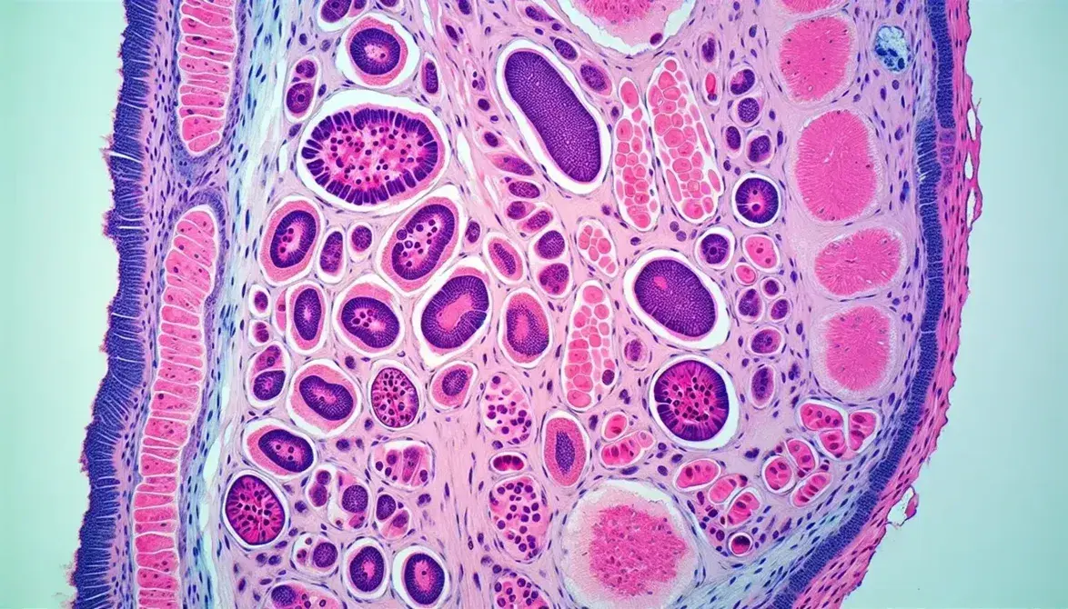 Sezione di tessuto epiteliale colorato con tecniche istologiche, mostrando cellule e nuclei in sfumature di rosa e viola, senza spazi vuoti.