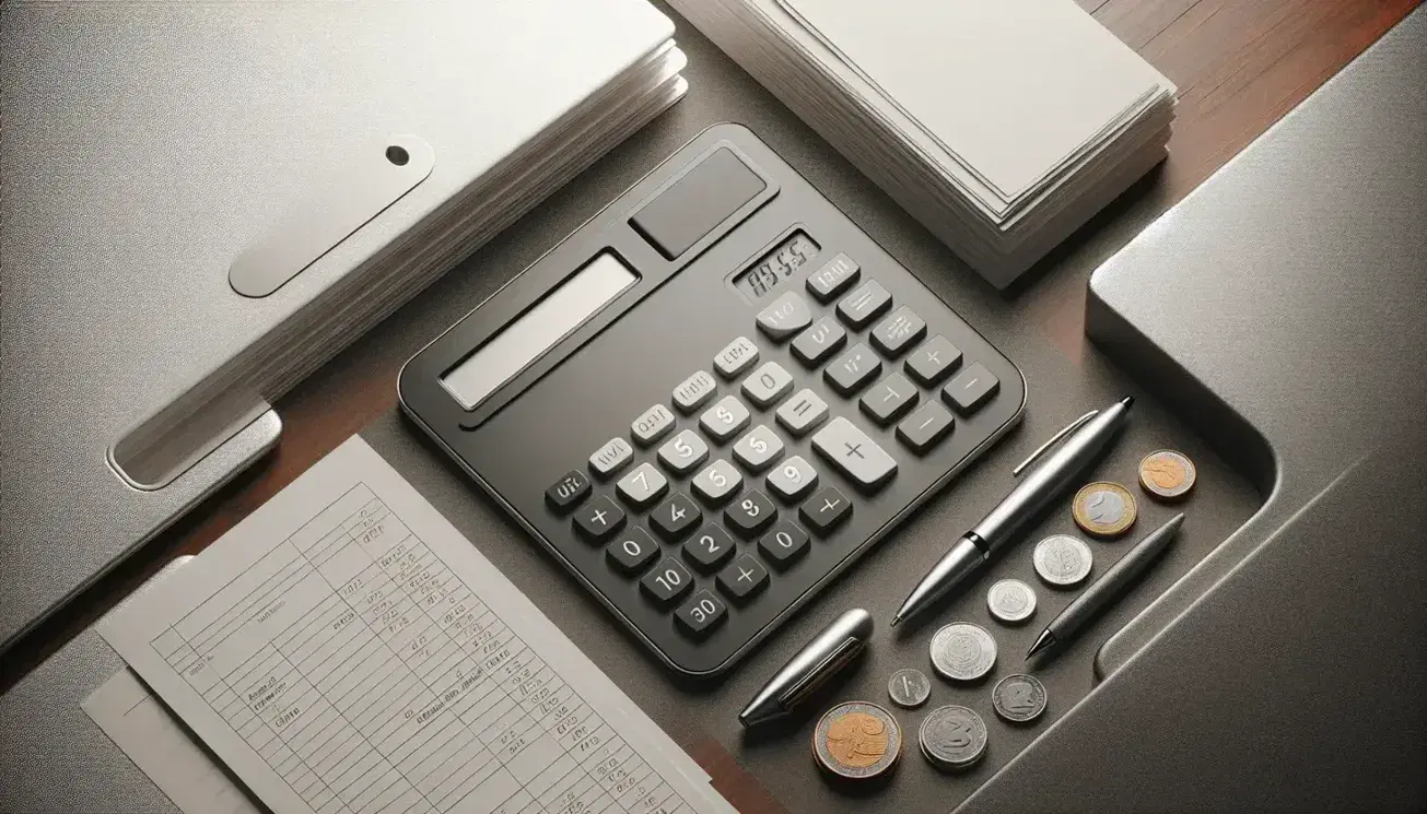 Modern calculator centered on a wooden desk with a stack of papers, a silver pen, a jar of assorted coins, and a plain analog clock.