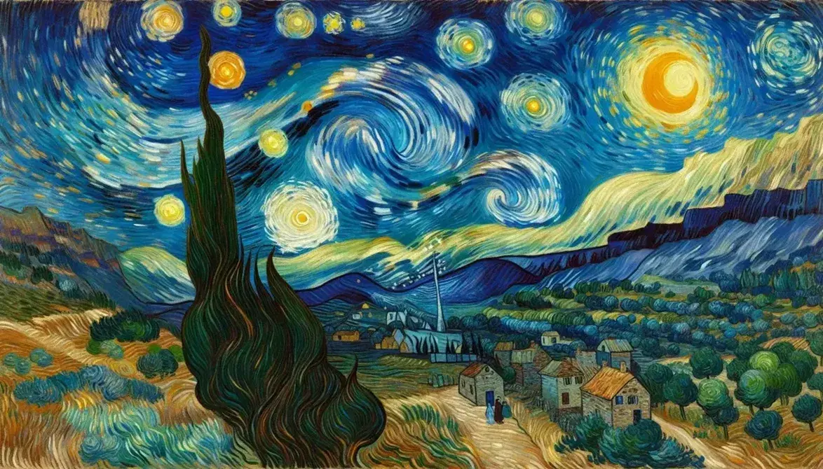 Riproduzione del quadro 'Notte Stellata' di Van Gogh con cielo tempestoso, cipresso alto e villaggio illuminato.