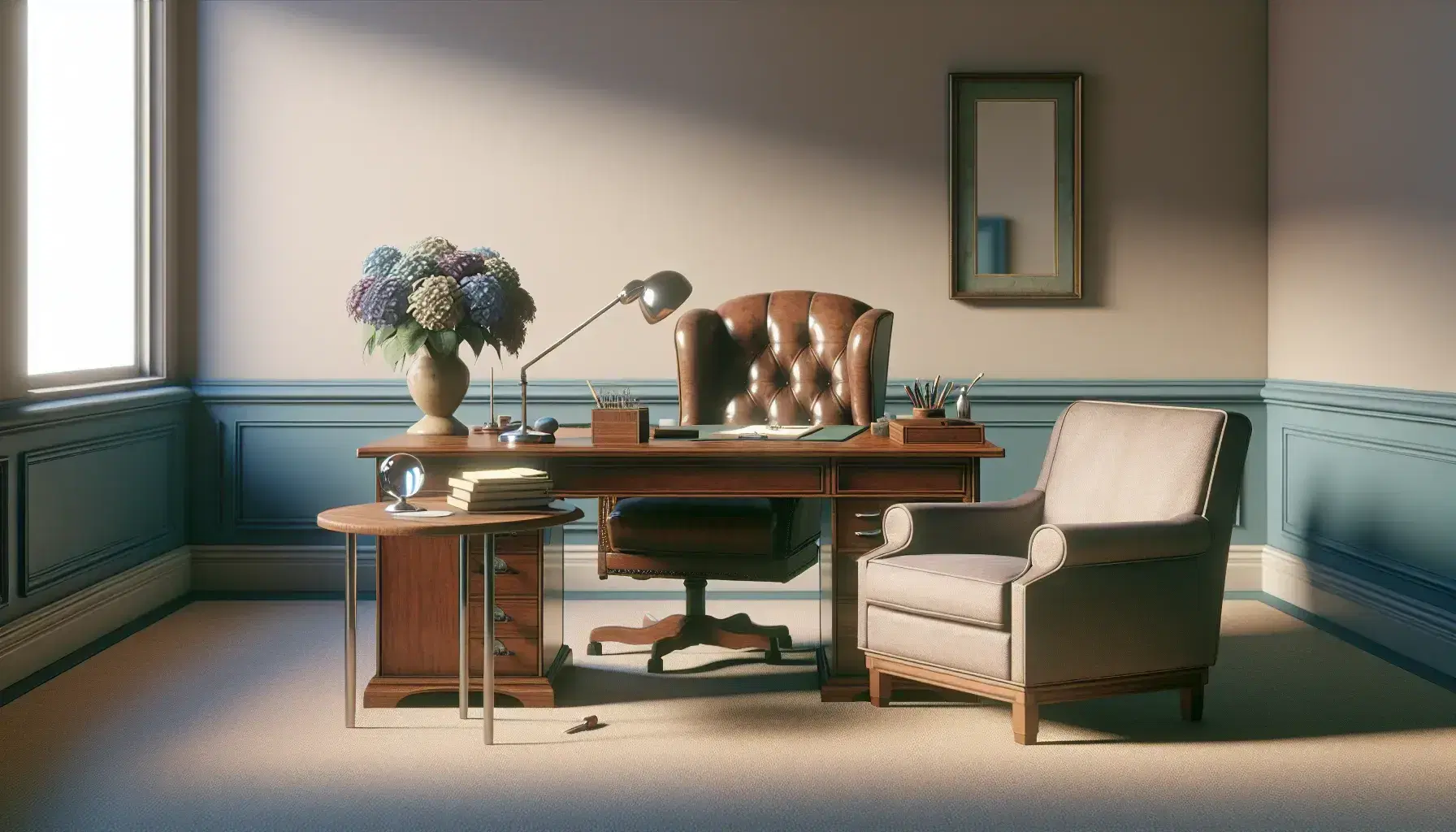 Psychologist office with wooden desk, leather chair, patient chair in neutral fabric, coffee table with flower vase and floor lamp.