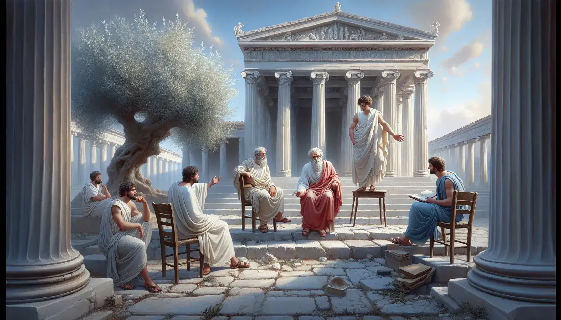 Scena di scuola ateniese ellenistica con tre filosofi in toga discutenti, studente attento e tempio sullo sfondo.