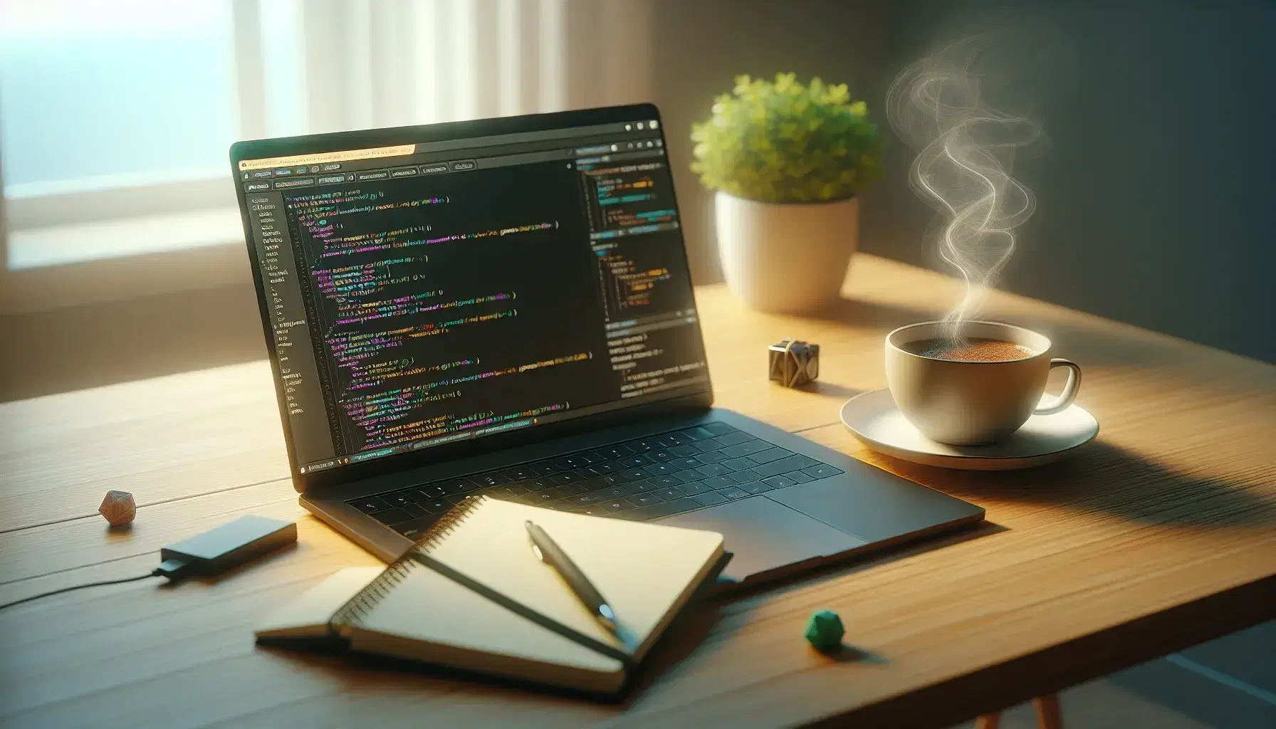 Scrivania in legno chiaro con laptop aperto su IDE, tazza di caffè fumante, quaderno spirale con penna e pianta verde sfocata sullo sfondo.