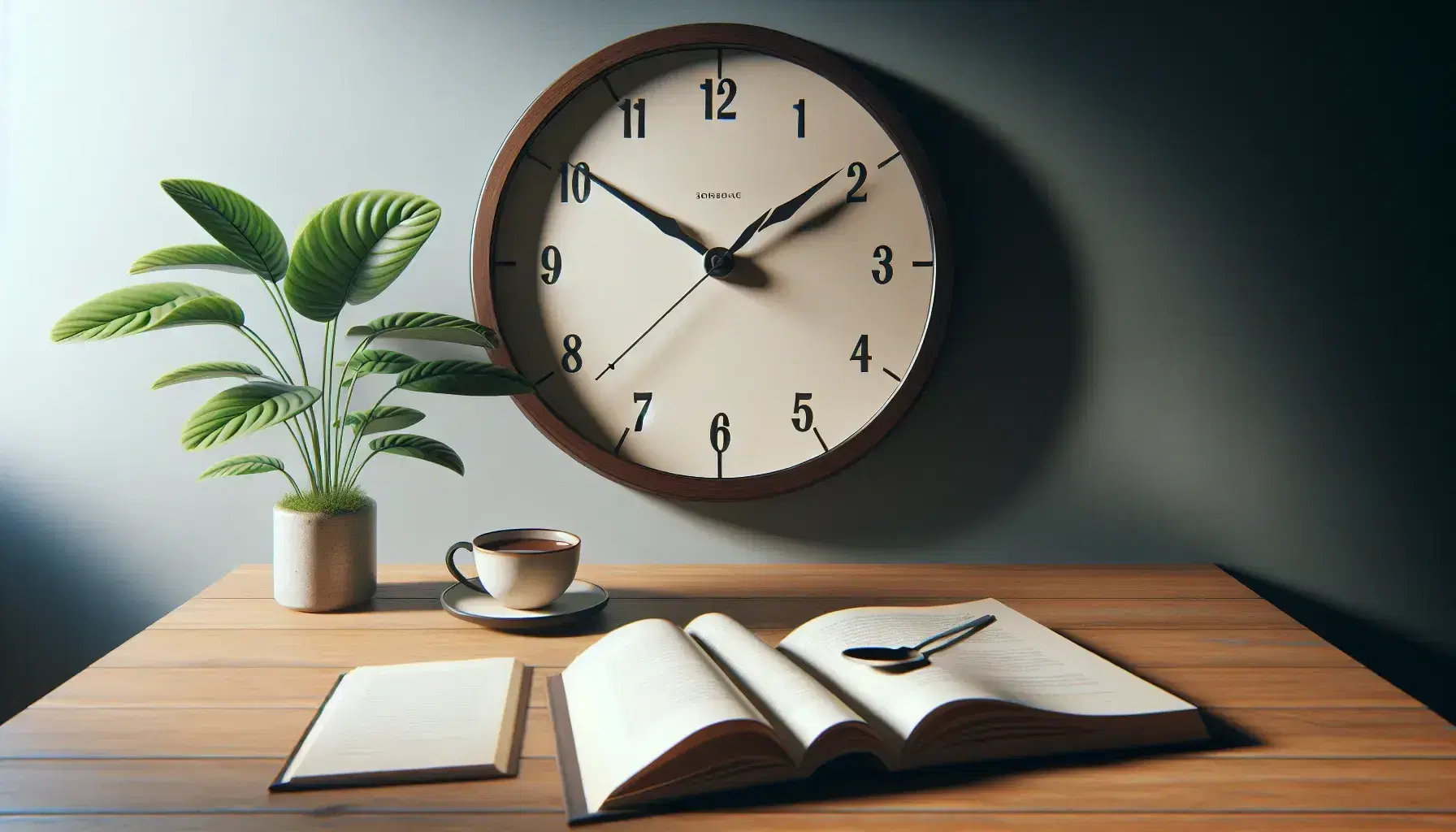 Reloj de pared clásico con marco de madera oscura marcando las tres en punto, libro abierto sin texto y taza de café con cuchara en mesa de madera, planta con hojas verdes al fondo.