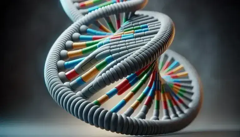 Three-dimensional model of DNA double helix with base pairs colored in blue, green, red and yellow and blurred background.
