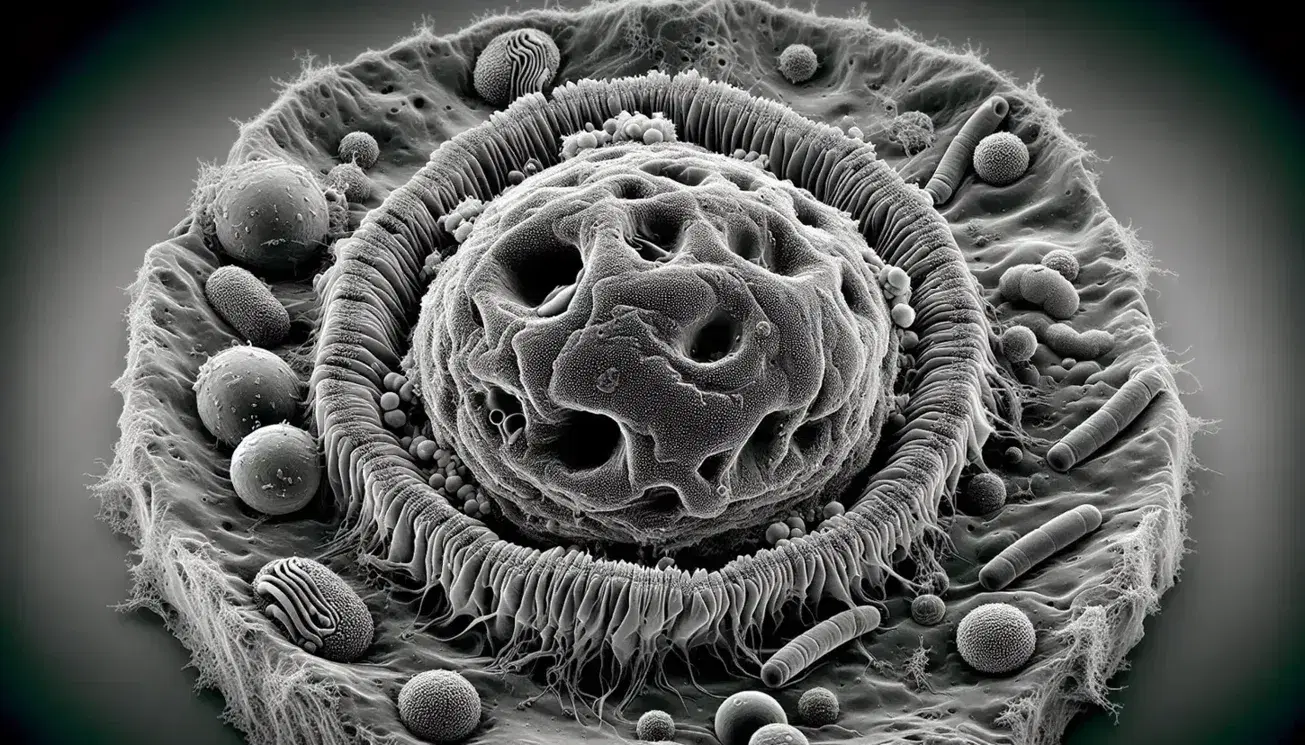 Micrografía electrónica de célula eucariota mostrando núcleo esférico con cromatina, mitocondrias, retículo endoplásmico y vesículas, en escala de grises.