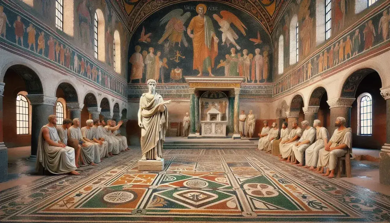 Mosaico colorato sul pavimento di una basilica paleocristiana, statua marmorea di Costantino e fedeli in preghiera sotto crocifisso ligneo.