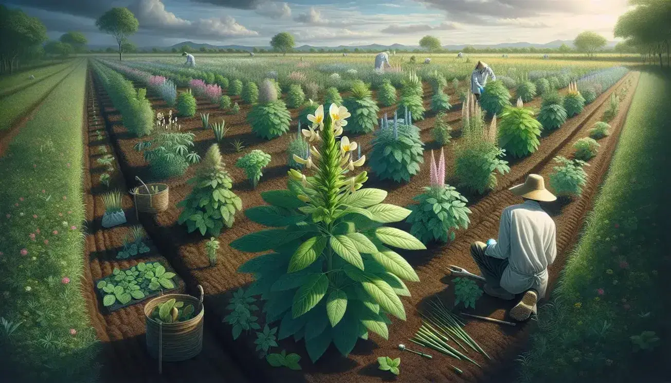 Cultivo de plantas medicinales con hojas verdes, flores blancas y violetas, y una destacada flor amarilla bajo cielo azul, con agricultor trabajando en el campo.