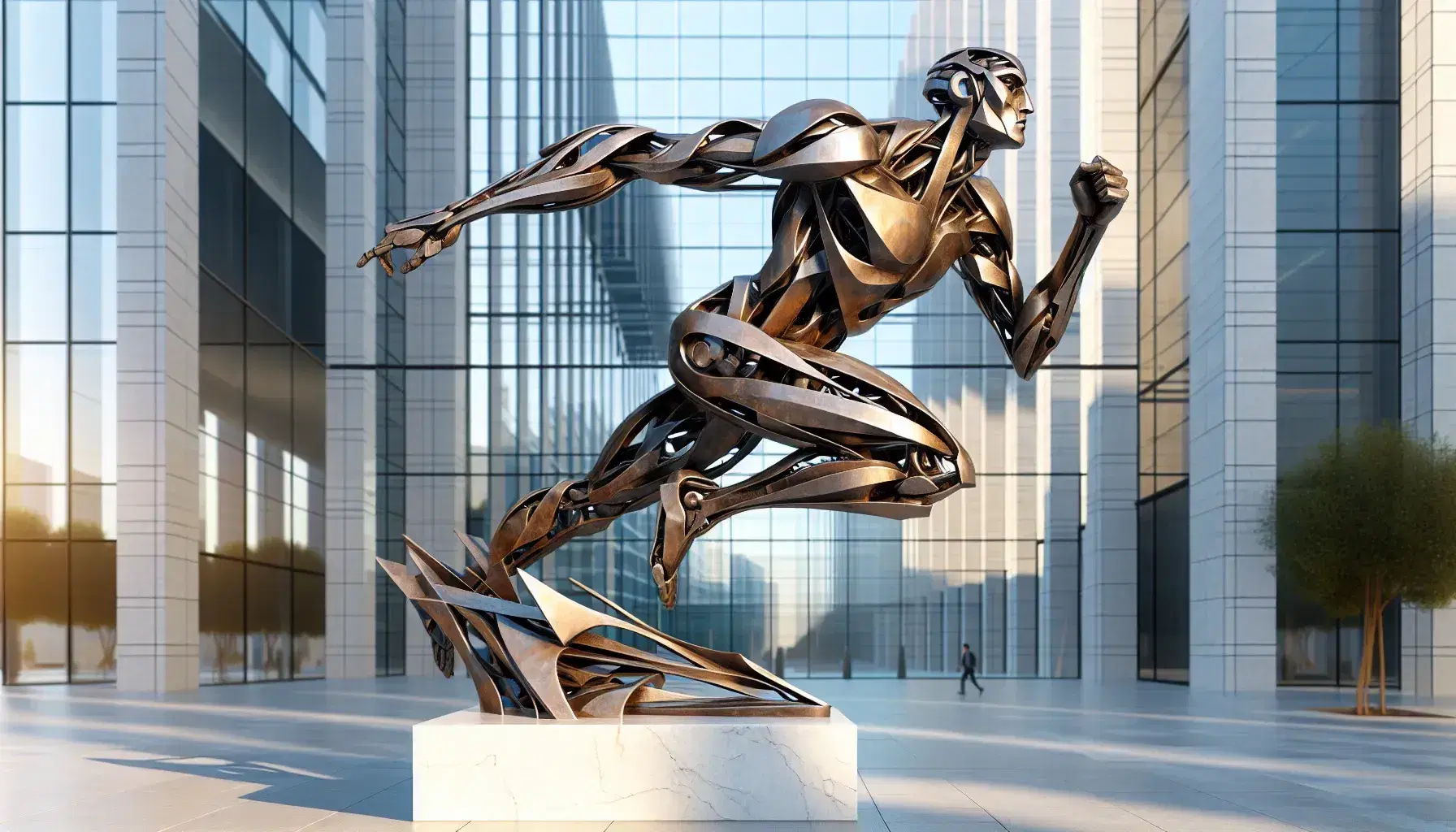 Scultura futuristica in bronzo di uomo meccanico in movimento su piedistallo di marmo bianco, con sfondo di edifici moderni sfocati.
