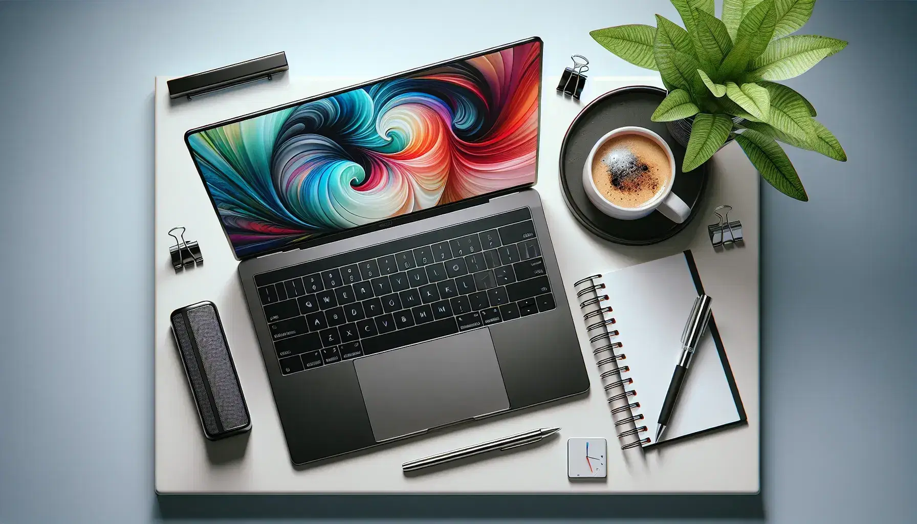 Organized desk with open laptop, white coffee cup, notebook with pen, green plant and black glasses on light wooden surface.
