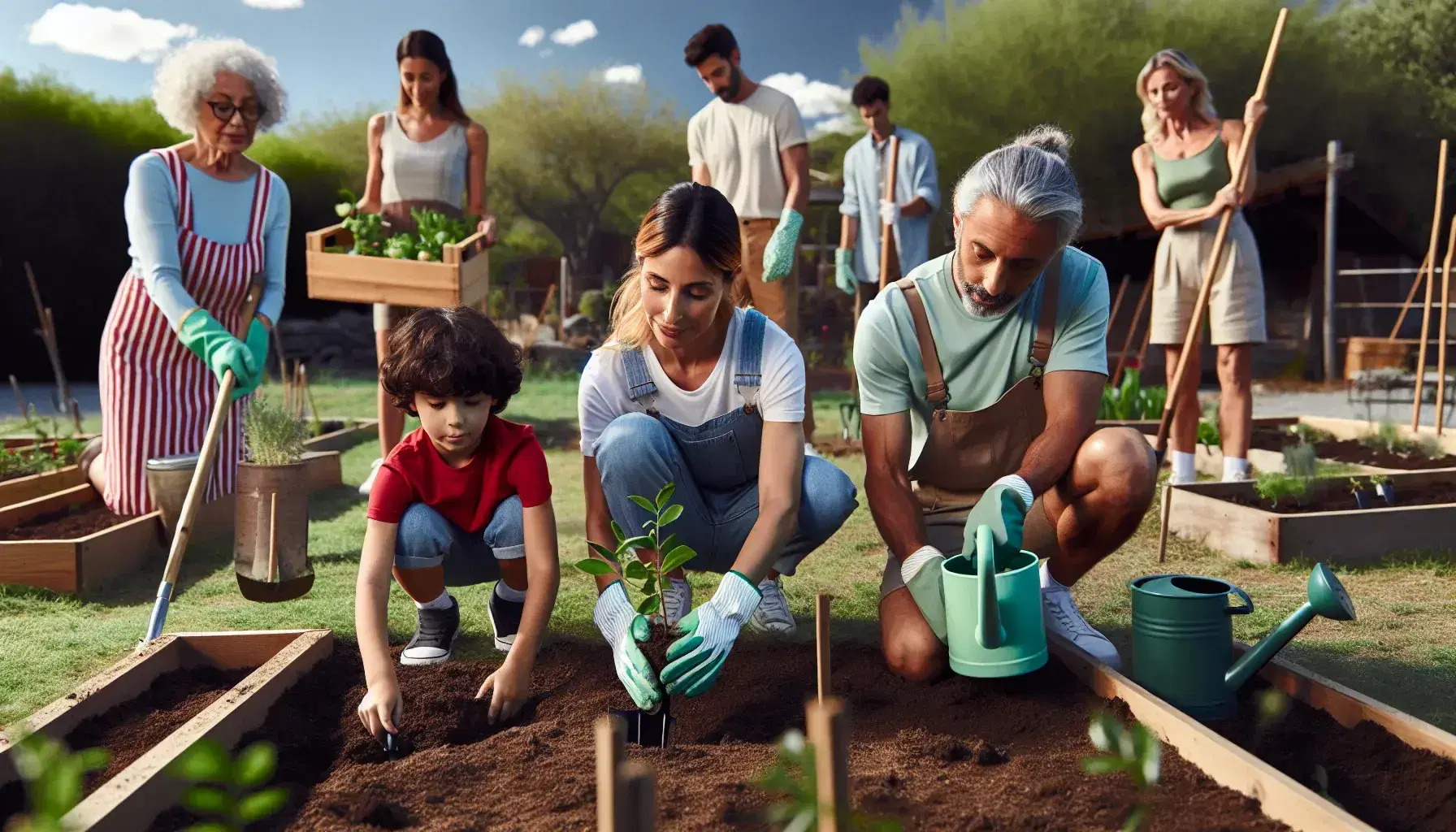 Mediterranean child plants a sapling, elderly woman waters, Hispanic man with vegetable box and Scandinavian woman ties plant, in community garden.