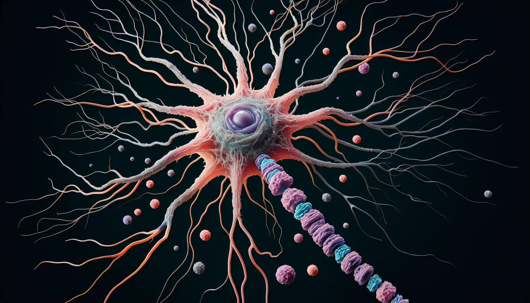 Neurona detallada con soma rosado, dendritas púrpuras, axón azul con mielina blanca y terminales axónicos en fondo oscuro.