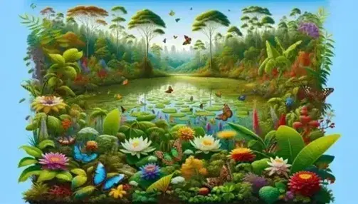 Paisaje natural diverso con plantas coloridas, mariposas, estanque con nenúfares, peces vivaces y bosque denso bajo cielo azul.