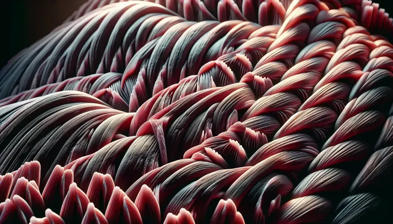 Fibras musculares humanas en contracción con tonalidades que varían del rojo oscuro al rosa claro, mostrando la textura estriada característica del tejido muscular esquelético.