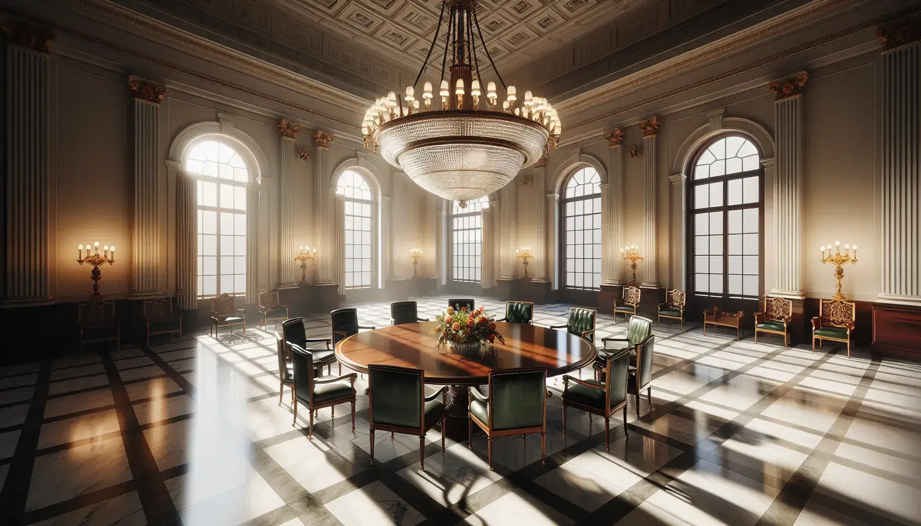 Elegant historical meeting room with high ceilings, large round wooden table, classic chairs, marble floor, and a grand chandelier.