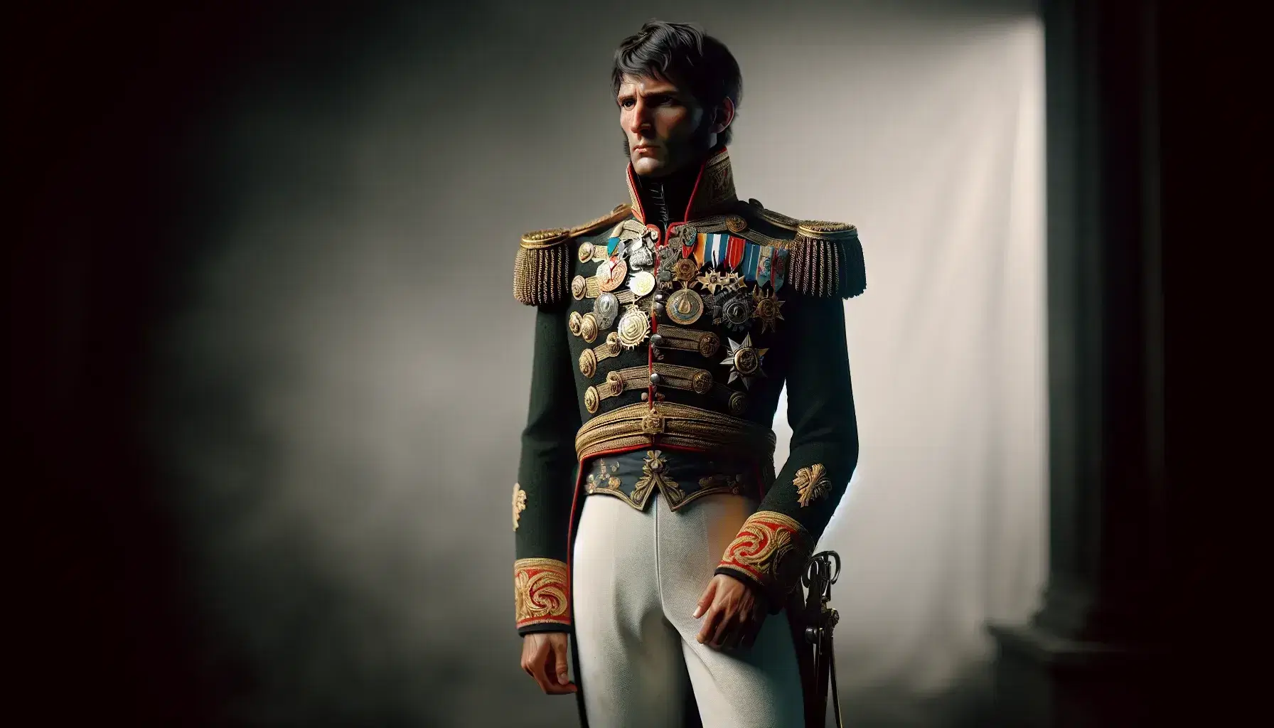 Ritratto di militare dell'era napoleonica in uniforme verde scuro con dettagli rossi e oro, pantaloni bianchi, stivali neri e bicorn nero con coccarda tricolore.