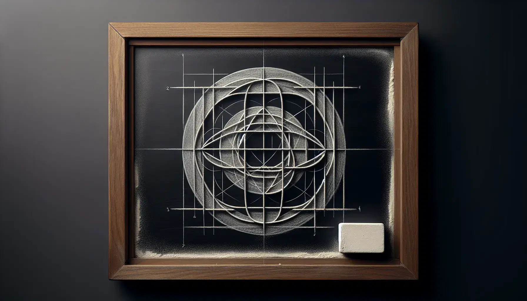 Close-up view of a blackboard with a complex geometric chalk drawing, a used eraser, and a sphere, cube, and pyramid on the tray.