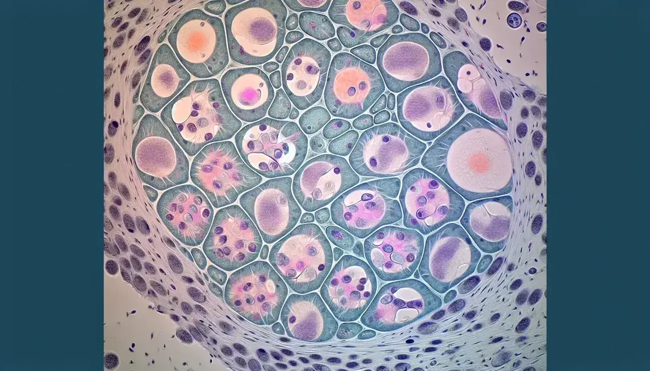 Vista microscópica de células humanas teñidas mostrando membranas y orgánulos internos en tonos de rosa y púrpura, destacando su estructura celular.