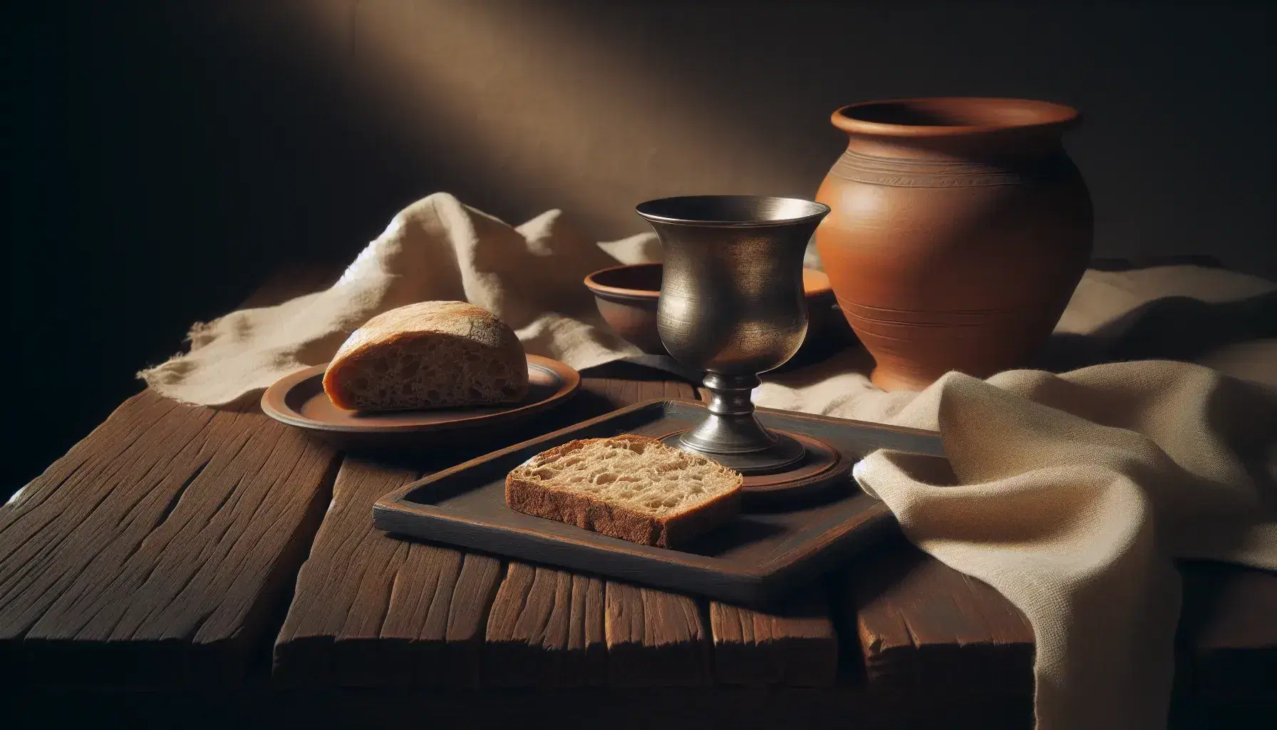 Mesa rústica de madera oscura con copa metálica brillante, plato de cerámica con pan ácimo y jarra de cerámica terracota bajo luz cálida.