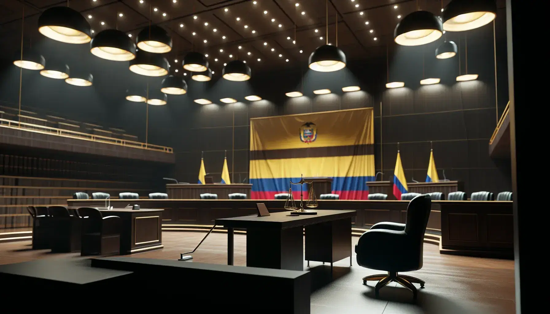 Sala de audiencias con mesa de madera oscura, silla ergonómica negra, podio con micrófono, sillas adicionales y bandera de Colombia.