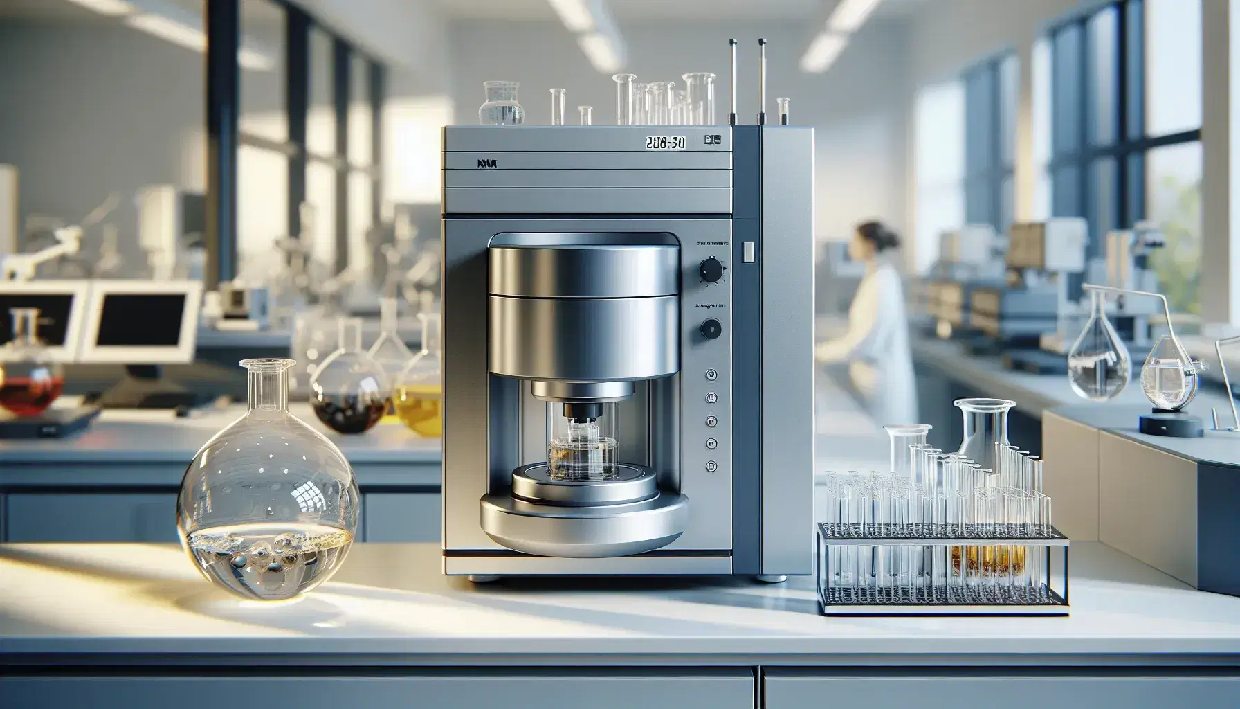 Modern laboratory with benchtop NMR spectrometer and glass tube with colorless liquid, flasks with various liquids and blurry computer technician.
