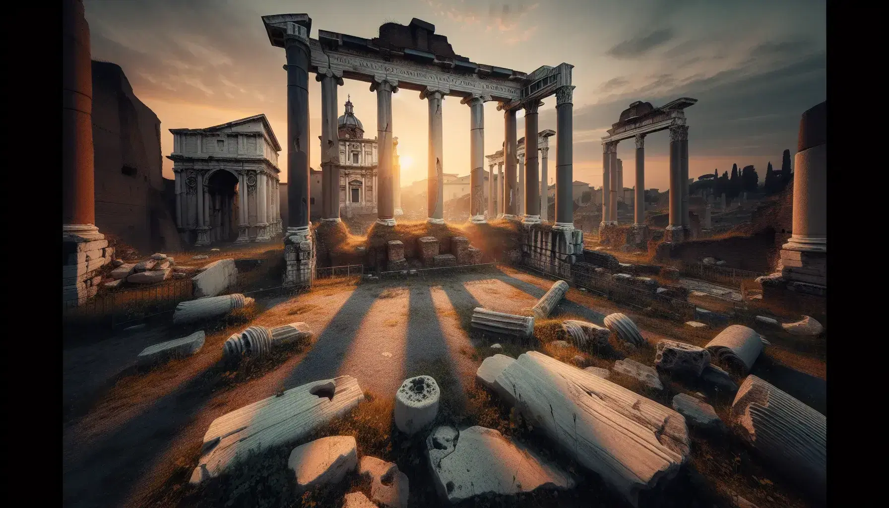Tramonto sul Foro Romano con colonne corinzie erose, cielo arancione-rosa e lunghe ombre su rovine antiche senza persone.