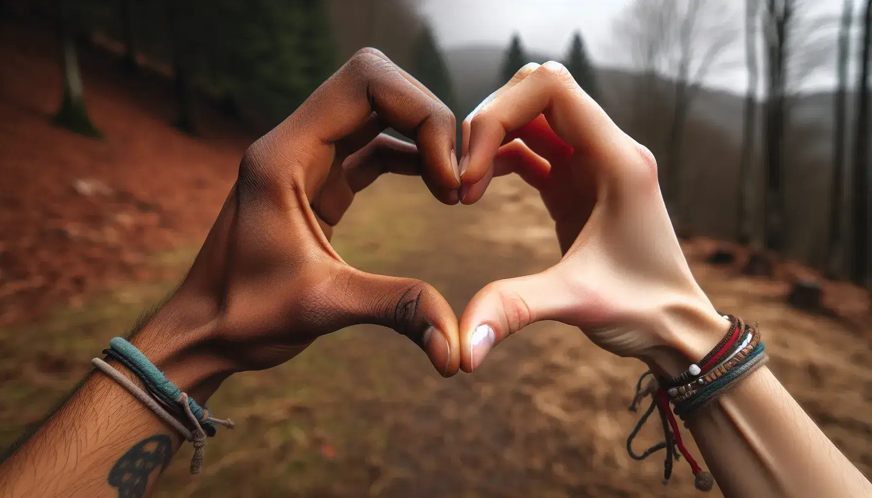 Mani di persone di diverse etnie formano un cuore su sfondo sfocato naturale, simbolo di unità e connessione.