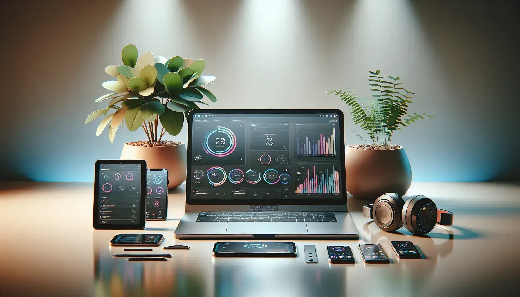 Conjunto de dispositivos electrónicos modernos con laptop abierta mostrando interfaz gráfica, smartphone encendido y tablet apagada, auriculares inalámbricos y planta verde en maceta terracota sobre superficie clara.